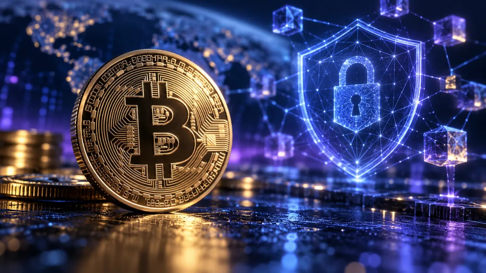 Bitcoin coin and cybersecurity shield illustrating digital-asset risk