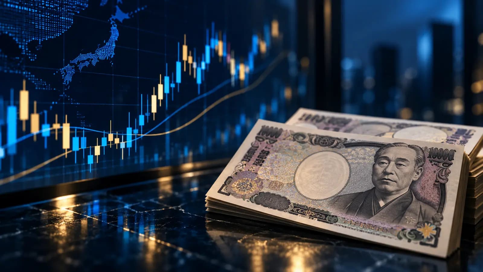Japanese yen banknotes beside a digital forex trading chart